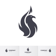 Flat Illustration of Stylized Flaming Phoenix or Falcon, Eagle Bird Logo Designs Template on White Background