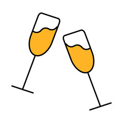 Two glasses of champagne clink glasses. Element to the celebration of the holiday and congratulations. Editable Christmas and New Year icon in flat style. Vintage traditional sticker. Vector.