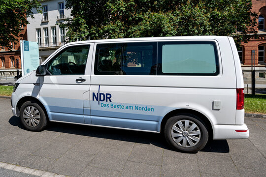 KIEL, GERMANY - JUNE 16, 2021: NDR minibus at the Landeshaus in Kiel. It is the seat of the Schleswig-Holstein Landtag, the state parliament of the German state of Schleswig-Holstein.