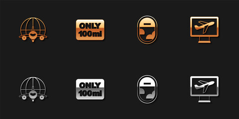 Set Globe with flying plane, Liquids carry-on baggage, Airplane window and Plane icon. Vector
