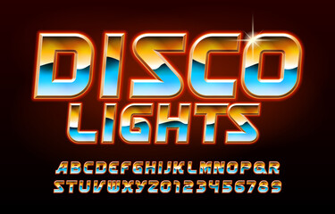 Disco Lights alphabet font. Glowing letters and numbers in 80s style. Stock vector typeface for your typography design.