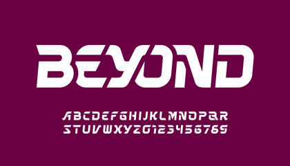 Beyond alphabet font. Dynamic letters and numbers for logo or emblem. Stock vector typeface for your typography design.