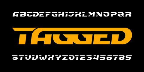 Tagged alphabet font. Italic  letters, numbers and symbols for logo or emblem. Stock vector typescript for your typography design.