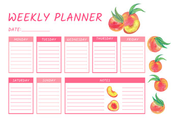 Cute Calendar Weekly Planner Template with watercolor peaches Illustration. 