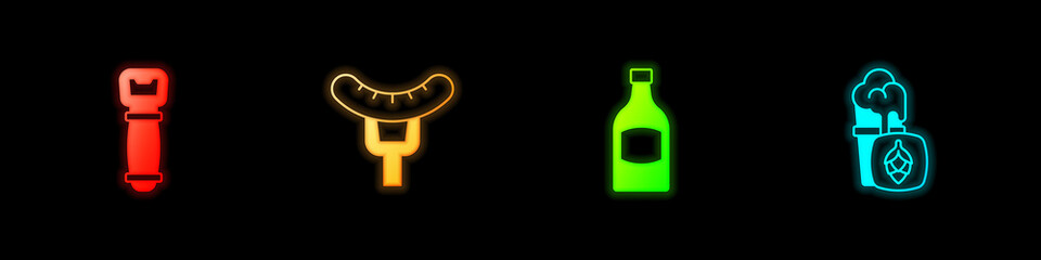 Set Bottle opener, Sausage on the fork, Beer bottle and Glass of beer icon. Vector