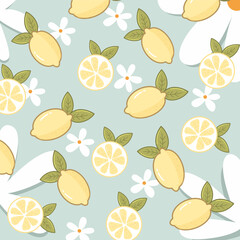 Seamless Lemon pattern with tropic fruits, leaves, flowers on white background. Colorful summer design for textile print, tropical wallpaper, Bright citrus fruit. Cute doodle hand drawn texture.