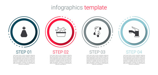 Set Garbage bag, Basin with soap suds, Sponge and Water tap. Business infographic template. Vector