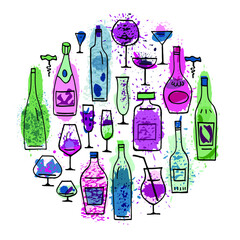 Different colorful cartoon bottles and wineglasses in round.