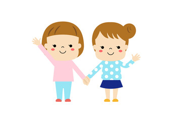手をつないで手を振っている二人の女の子