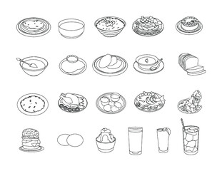 Food and beverages line drawing clipart set - Roti, pulse, rice, salad, curd, paratha, puri, soup, pulao, roasted chicken, idli sambar, roasted fish