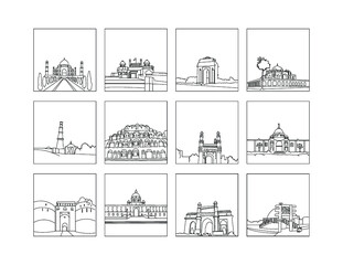 Historical Places Of India  line drawing clipart set, Taj Mahal, Red Fort, India Gate Humayun Tomb, Qutub Minar, Hawa Mahal, Charminar, Victoria, Me