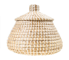 side view closed moroccan wicker basket isolated