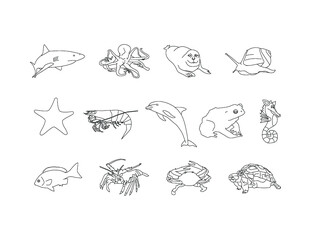 See Creatures line art clipart set - Shark, octopus, sea loin seal, snail, sea horse, star fish, prawn, dolphin, toad, fish, lobster,crab, tort