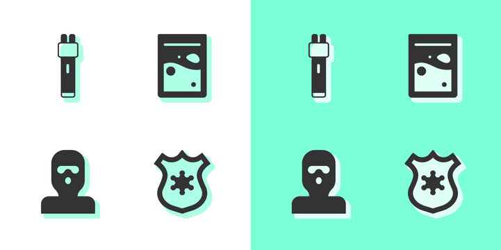 Set Police badge, electric shocker, Thief mask and Plastic bag of drug icon. Vector