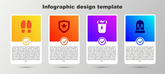 Set Footsteps, Police badge, electric shocker and Flasher siren. Business infographic template. Vector