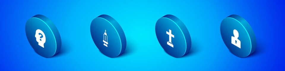 Set Isometric Head with question mark, Graves funeral sorrow, Solution to the problem and Addiction drug icon. Vector
