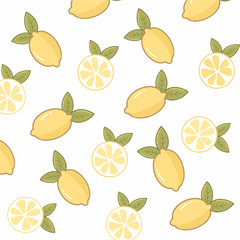 Seamless Lemon pattern with tropic fruits, leaves, flowers on white background. Colorful summer design for textile print, tropical wallpaper, Bright citrus fruit. Cute doodle hand drawn texture.