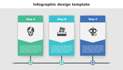 Set Planet earth and radiation, Radioactive waste in barrel and Gas mask. Business infographic template. Vector