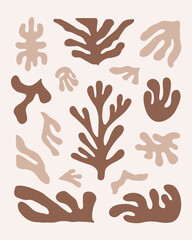  Modern set of abstract brown organic shapes. Contemporary minimal elements  for creating Logos, patterns, posters, covers. Inspired Matisse vector prints