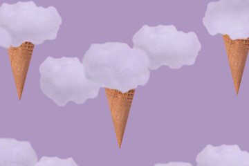Ice cream cone and fluffy clouds on a purple background.