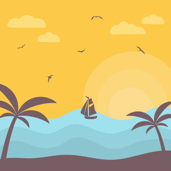 Fototapeta na wymiar Sea sunset with boat and palms. Landscape vector illustration.