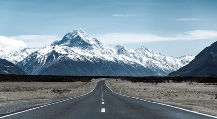 The Road to Mount Cook Over Lake Pukaki, The Highest Mountain in New Zealand and Popular Travel Destination. The Mountain is in Aoraki Mount Cook National Park in South Island, New Zealand.