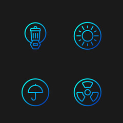 Set line Radioactive, Delivery package with umbrella, Trash can and Sun. Gradient color icons. Vector