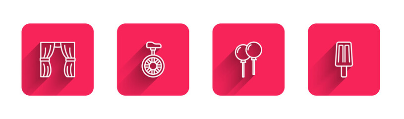 Set line Circus curtain raises, Unicycle or one wheel bicycle, Balloons with ribbon and Ice cream with long shadow. Red square button. Vector © Kostiantyn