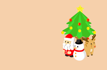 Cartoon illustration of Santa Claus, Snowman, Reindeer, and Christmas pines clustered on the right side of the image on a light cream background, Copy space, Flat design.