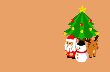 Cartoon illustration of Santa Claus, Snowman, Reindeer, and Christmas pines clustered on the right side of the image on a light cream background, Copy space, Flat design.