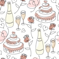 Seamless pattern with single line drawing of romantic symbols. Cake, rose, hearts, wine glasses, champagne bottle. Pastel color spots on background. Decoration for Wedding and Valentines day. Vector