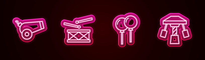 Set line Cannon, Drum with drum sticks, Balloons ribbon and Attraction carousel. Glowing neon icon. Vector