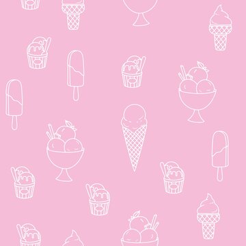 Seamless pattern. Hand drawn ice cream. Summer menu. Minimal design. Pink background