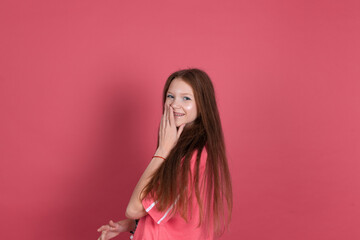 13 years old girl kid in casual isolated on terracotta background  smiling cover mouth with hand