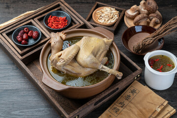 Traditional Chinese food，Stewed chicken soup with Chinese herbal medicine.