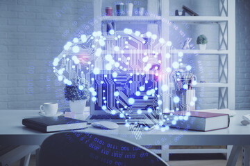 Double exposure of brain drawing and office interior background. Concept of data technology.