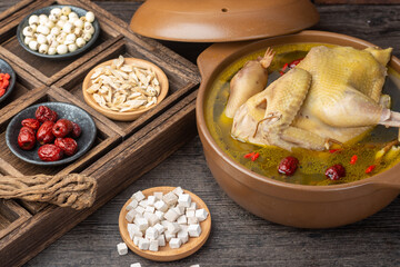 Traditional Chinese food，Stewed chicken soup with Chinese herbal medicine.