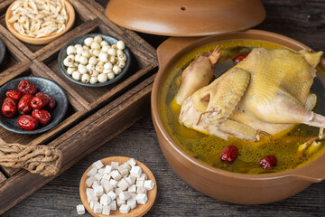 Traditional Chinese food，Stewed chicken soup with Chinese herbal medicine.