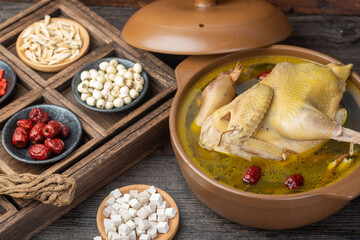 Traditional Chinese food，Stewed chicken soup with Chinese herbal medicine.