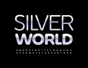 Vector elite emblem Silver World. Luxury chrome Font. Metallic set of Alphabet Letters and Numbers