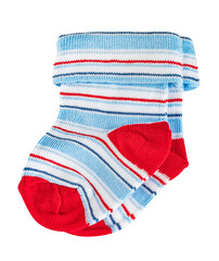 Children's  tiny striped socks, white, blue and red in the pattern. Isolated on a white background.