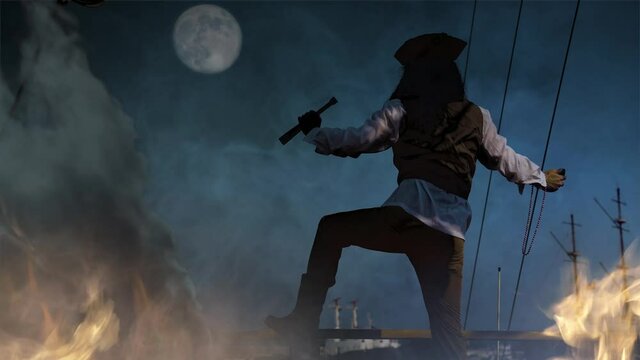 a pirate on a burning ship during a sea battle
