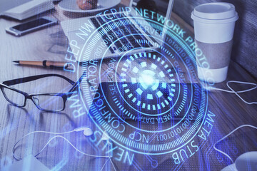 Double exposure of data theme drawing and mobile phone background. Concept of innovation