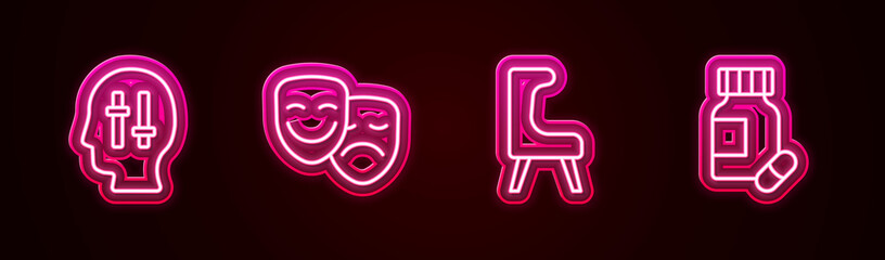 Set line Solution to the problem, Comedy and tragedy masks, Armchair and Sedative pills. Glowing neon icon. Vector