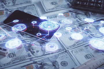 Multi exposure of social network drawing over us dollars bill background. Concept of people connection.