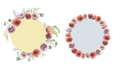 

Poppies flowers red purple wildflowers hand drawn watercolor illustration. Sketch print textile background patern seamless set frame border. Nature plants leaves decoration
