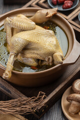 Traditional Chinese food，Stewed chicken soup with Chinese herbal medicine.