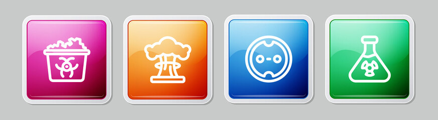 Set line Infectious waste, Nuclear explosion, Electrical outlet and Test tube radiation. Colorful square button. Vector