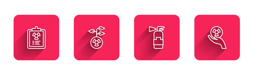 Obraz premium Set line Radiation warning document, Radioactive, Fire extinguisher and with long shadow. Red square button. Vector