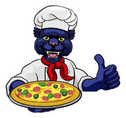 Panther Pizza Chef Cartoon Restaurant Mascot Sign